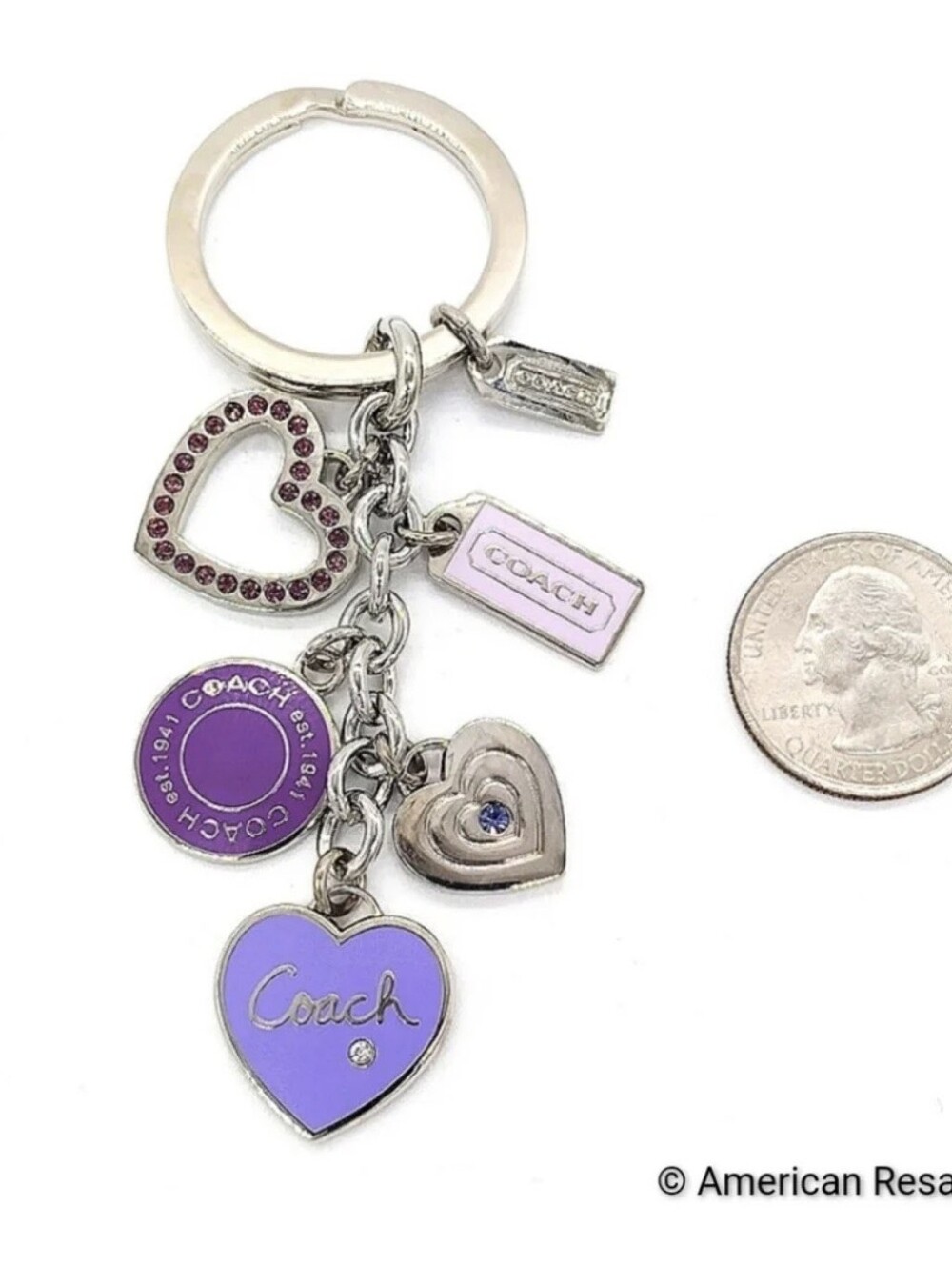 COACH Vintage Triple Heart Crystals Key Fob Keychain Purse Charm - Picture 3 of 5